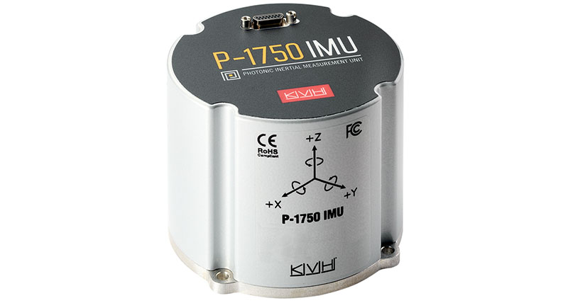 The P-1750 Inertial Measurement Unit from NovAtel, grey cylinder with a black top.